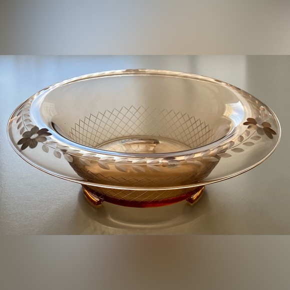 Large Vintage Floral Amber Depression Glass Console Bowl - Picture 12 of 12